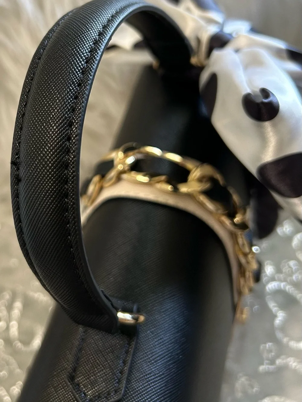 NWT Aldo, Medium,  Black and Cream Top-Handle Satchel with Gold Chain Accent